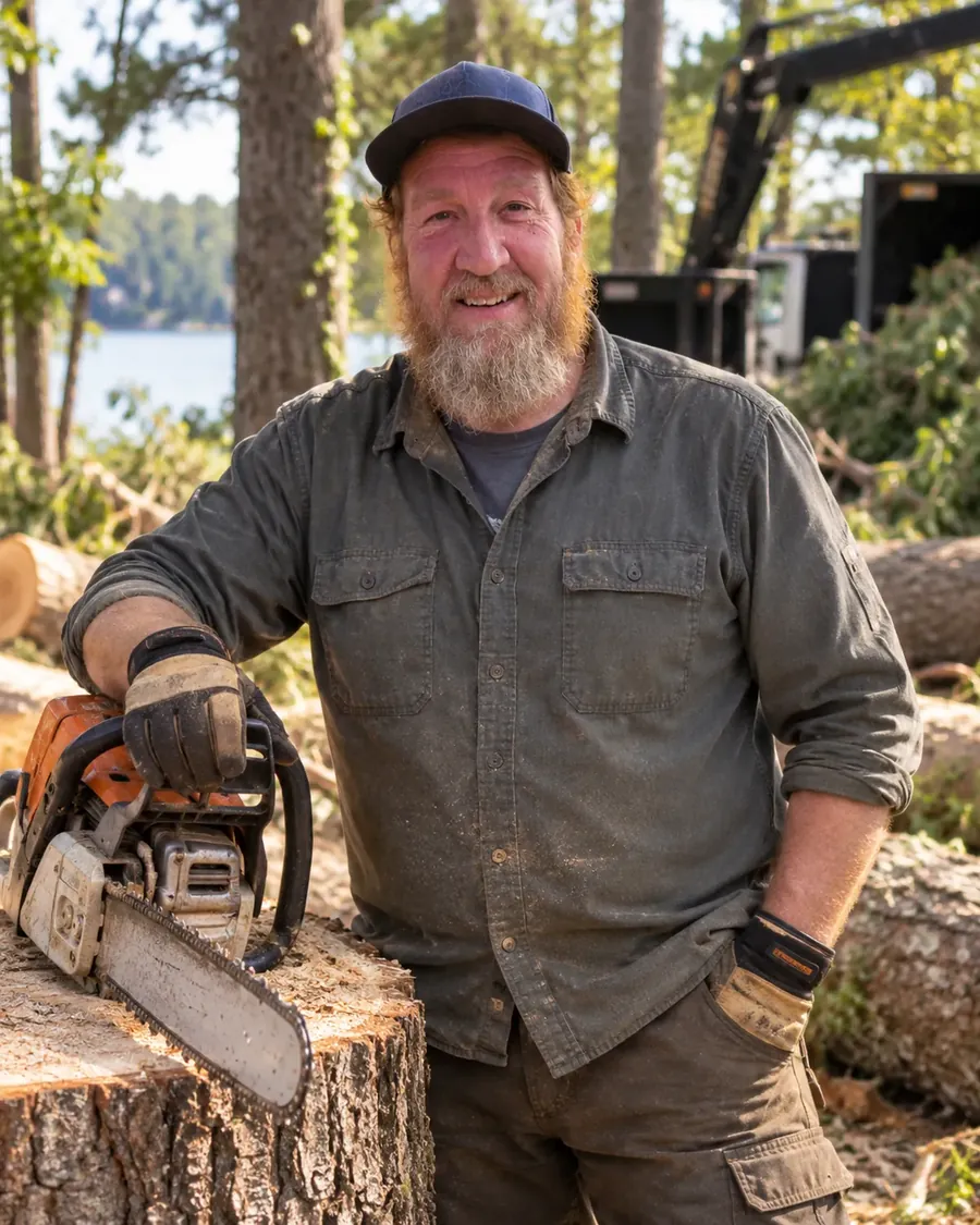 Kevin Langill, owner of Chipper’s Tree Services, standing beside a cut stump with his chainsaw